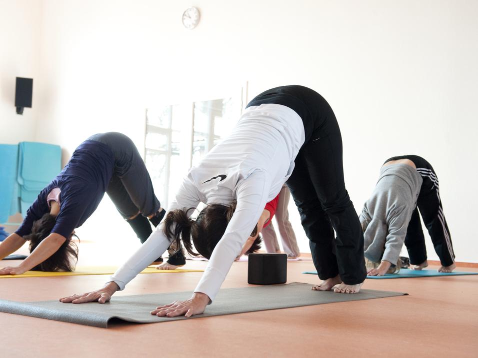 Gruppe von Personen in Yoga-Pose „Herabschauender Hund“ auf Yogamatten in einem hellen Raum.